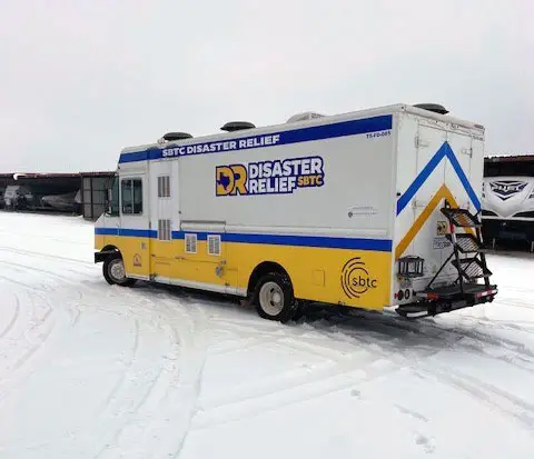 disaster relief truck in snow